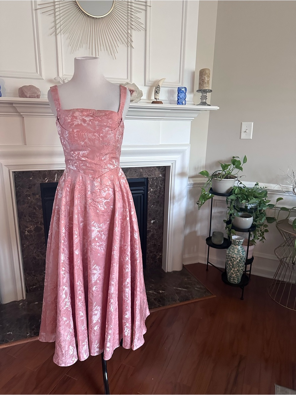 Vintage Inspired Peachy Pink Floral metallic a-line tea length flirty dress!